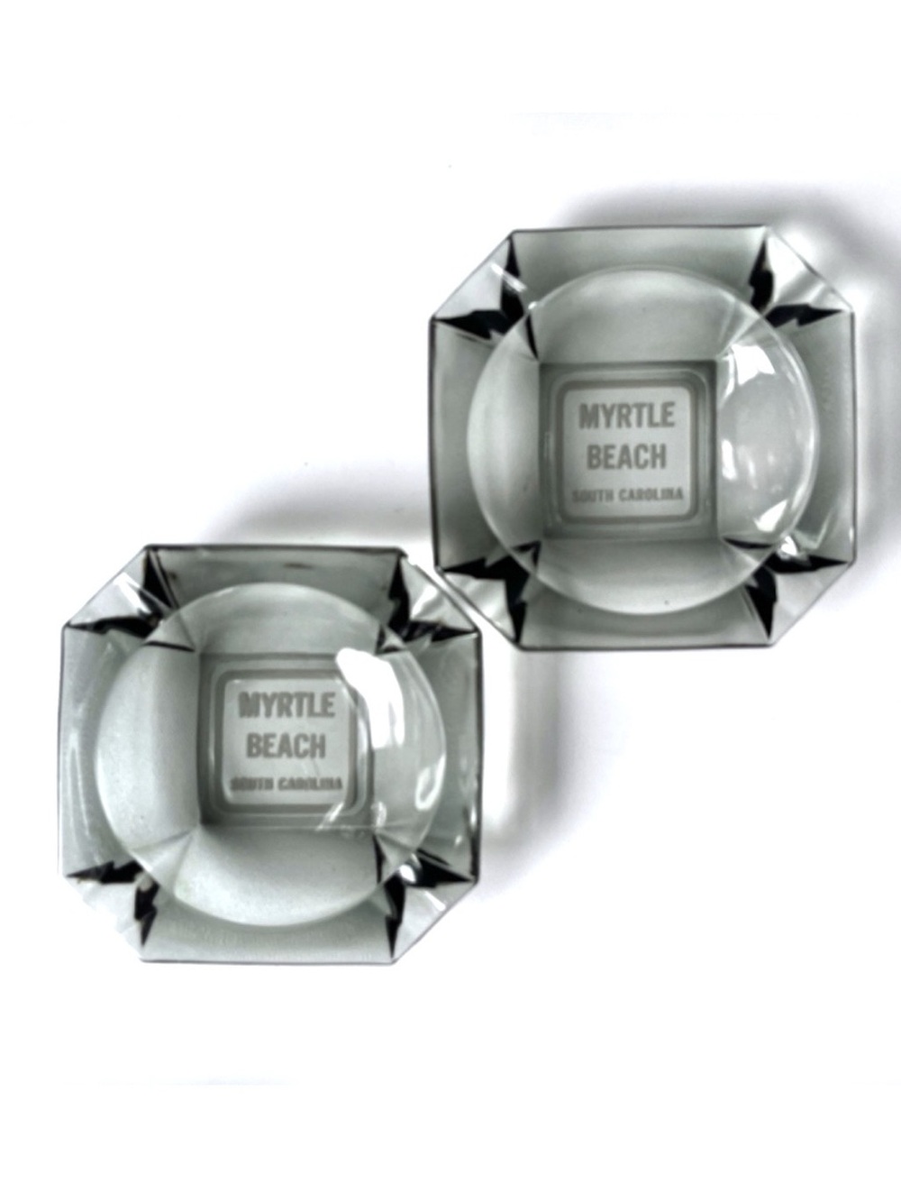 Pair of Mid Century Smoke Grey Glass Ashtrays Myrtle Beach Souvenir